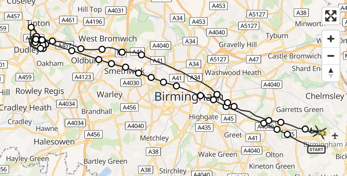 Flight route map: Police Helicopter to Birmingham, Coventry Road