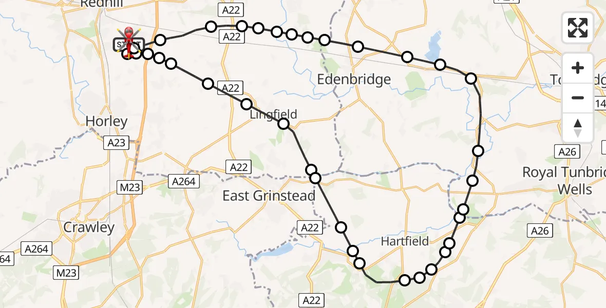 Flight path map showing Air Ambulance Helicopter route from Redhill Aerodrome to Redhill Aerodrome