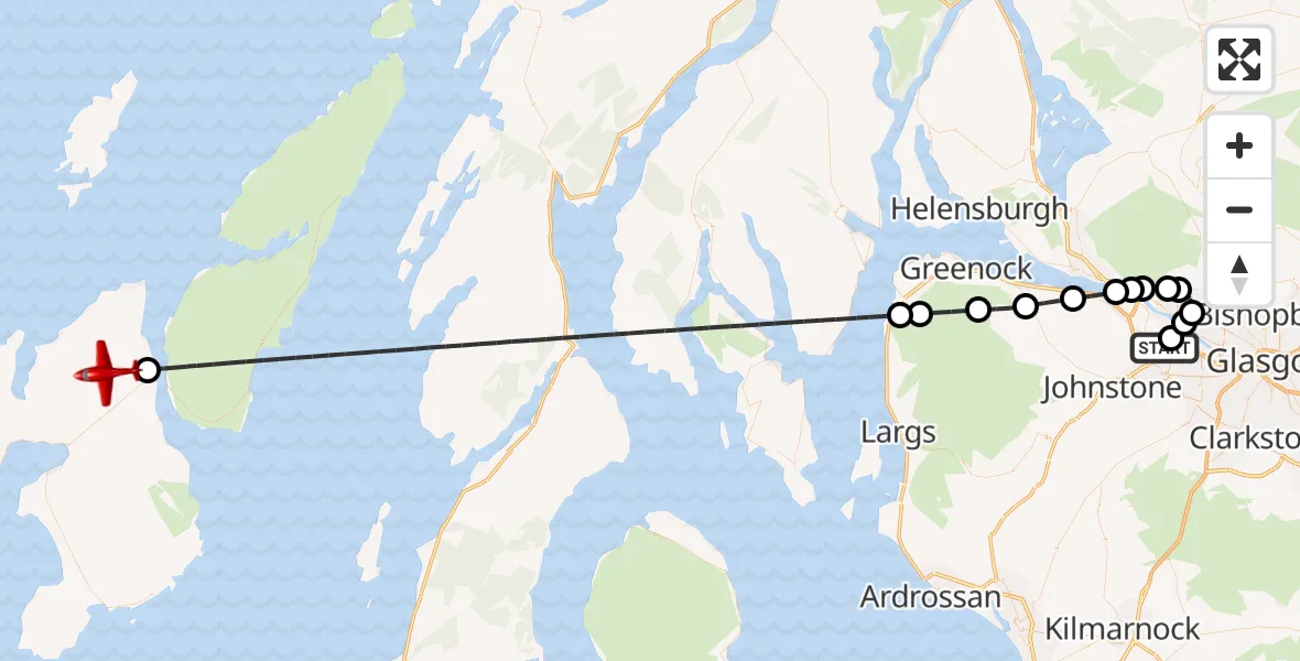Flight route map: Air Ambulance Aircraft to Keills, Glasgow Airport