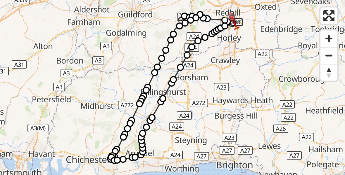 Flight path map showing Air Ambulance Helicopter route from Redhill Aerodrome to Redhill Aerodrome