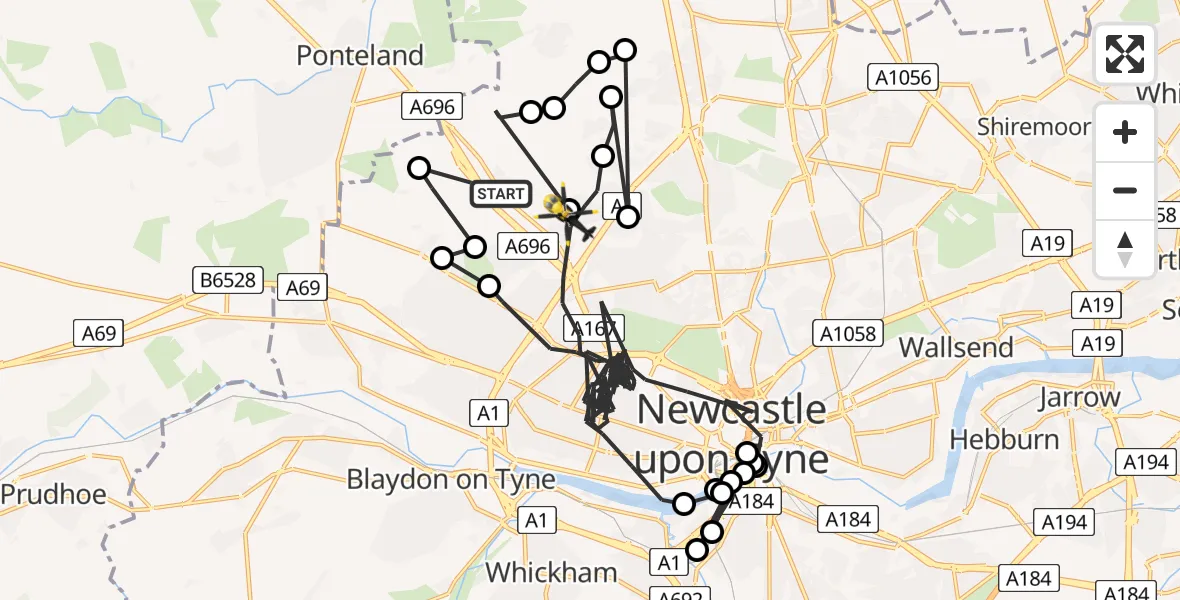 Flight route map: Police Helicopter to Newcastle upon Tyne, Yeadon Court