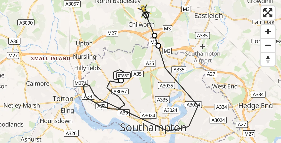Flight route map: Police Helicopter to Chilworth, Castle Lane