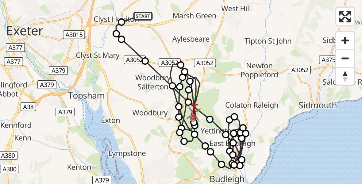 Flight route map: Air Ambulance Helicopter to East Devon, B3180
