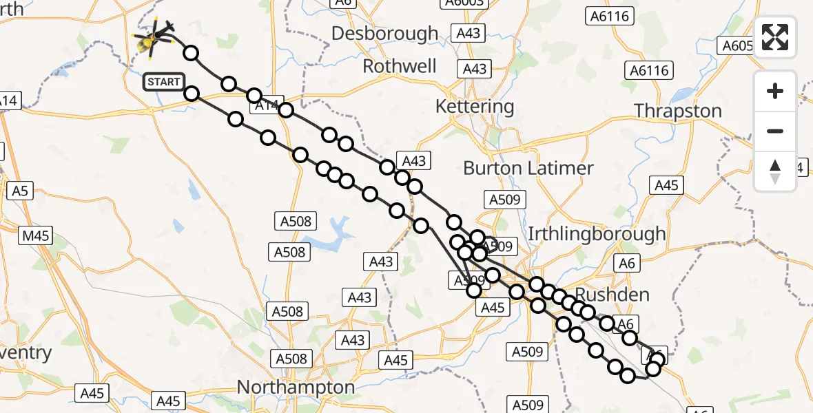Flight route map: Police Helicopter to Sibbertoft, Welford Road