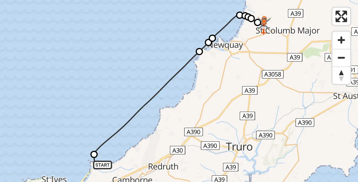 Routekaart van de vlucht: Coastguard Helicopter to Cornwall Airport Newquay, Cornwall Airport Newquay