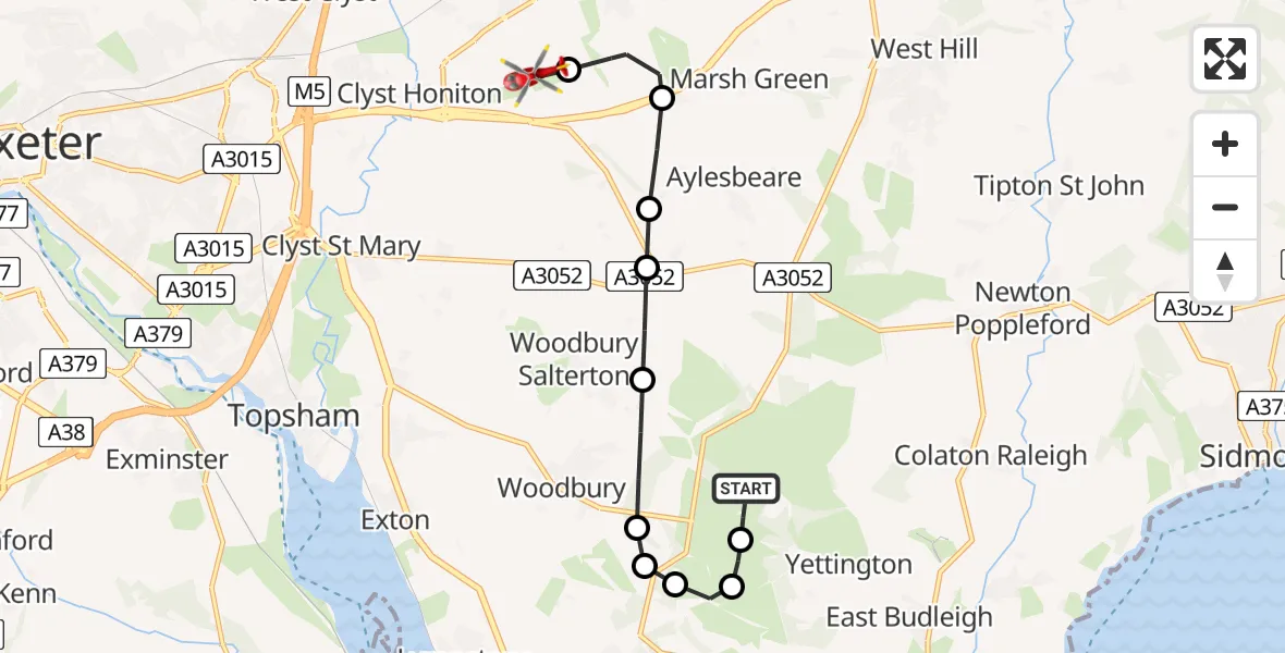 Flight route map: Air Ambulance Helicopter to Exeter International Airport, Exeter International Airport