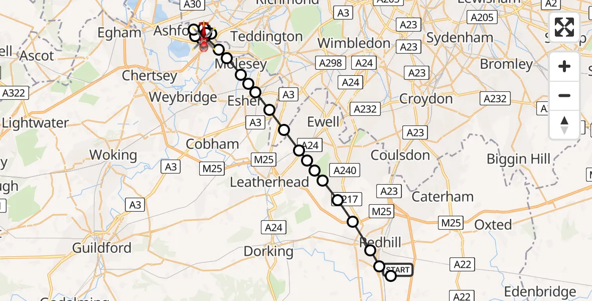 Flight route map: Air Ambulance Helicopter to Kempton Park, Groveley Road