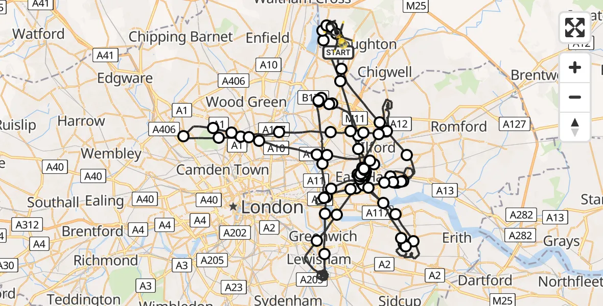 Flight route map: Police Helicopter to Metropolitan Police Air Support Unit Lippitts Hill, Metropolitan Police Air Support Unit Lippitts Hill