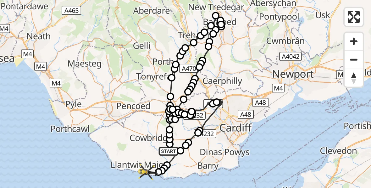 Routekaart van de vlucht: Police Helicopter to Boverton, Mill Lane