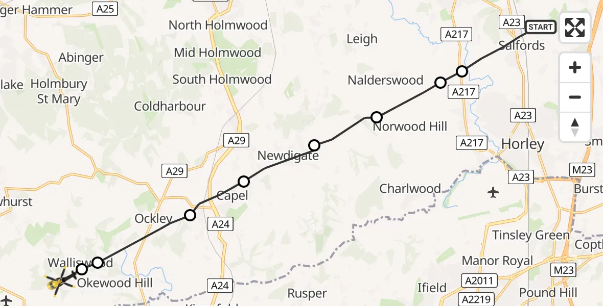 Routekaart van de vlucht: Police Helicopter to Walliswood, Horsham Road