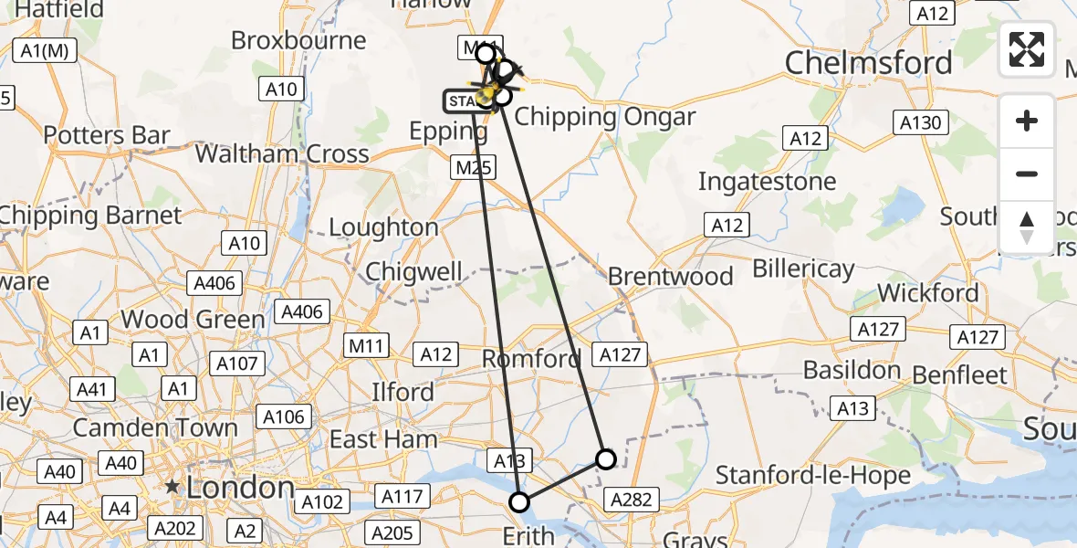 Flight route map: Police Helicopter to North Weald Airfield, North Weald Airfield