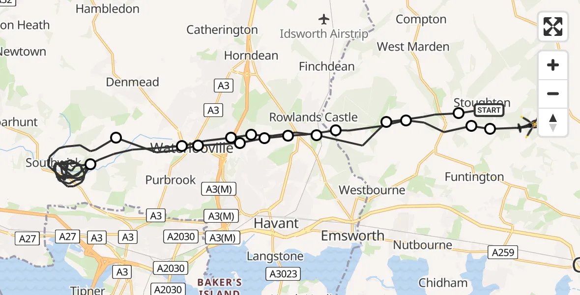 Routekaart van de vlucht: Police Helicopter to Chichester, Bowhill Lane