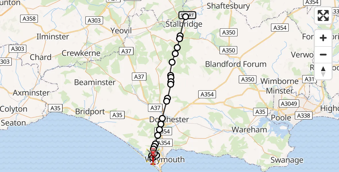 Flight route map: Air Ambulance Helicopter to Chickerell, Chickerell