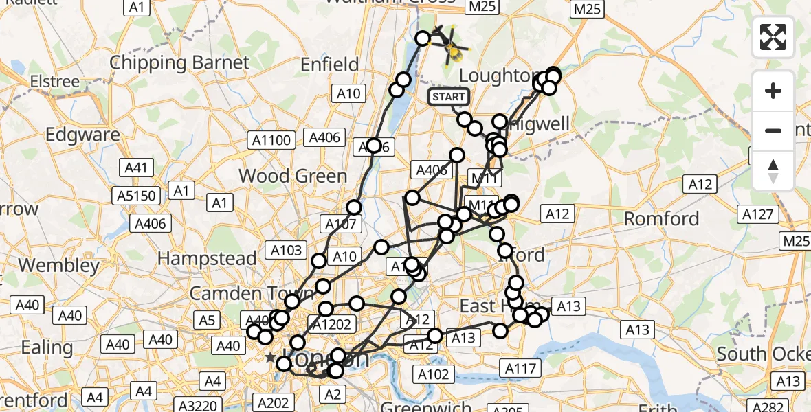 Flight route map: Police Helicopter to Epping Forest, Mott Street