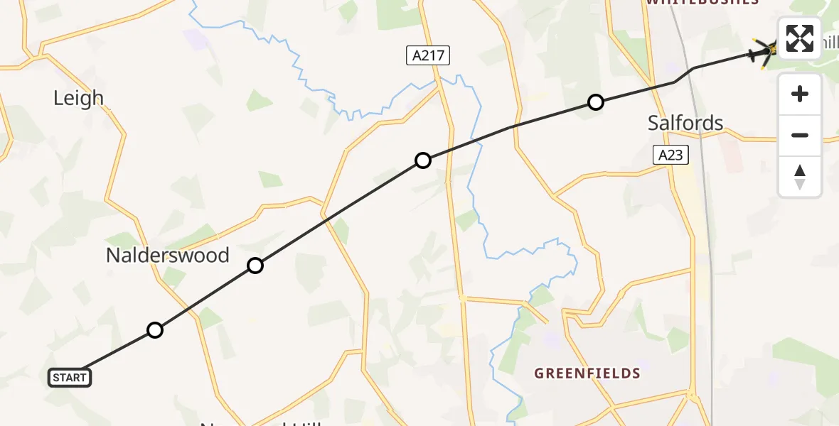 Flight route map: Police Helicopter to Salfords, Mason's Bridge Road