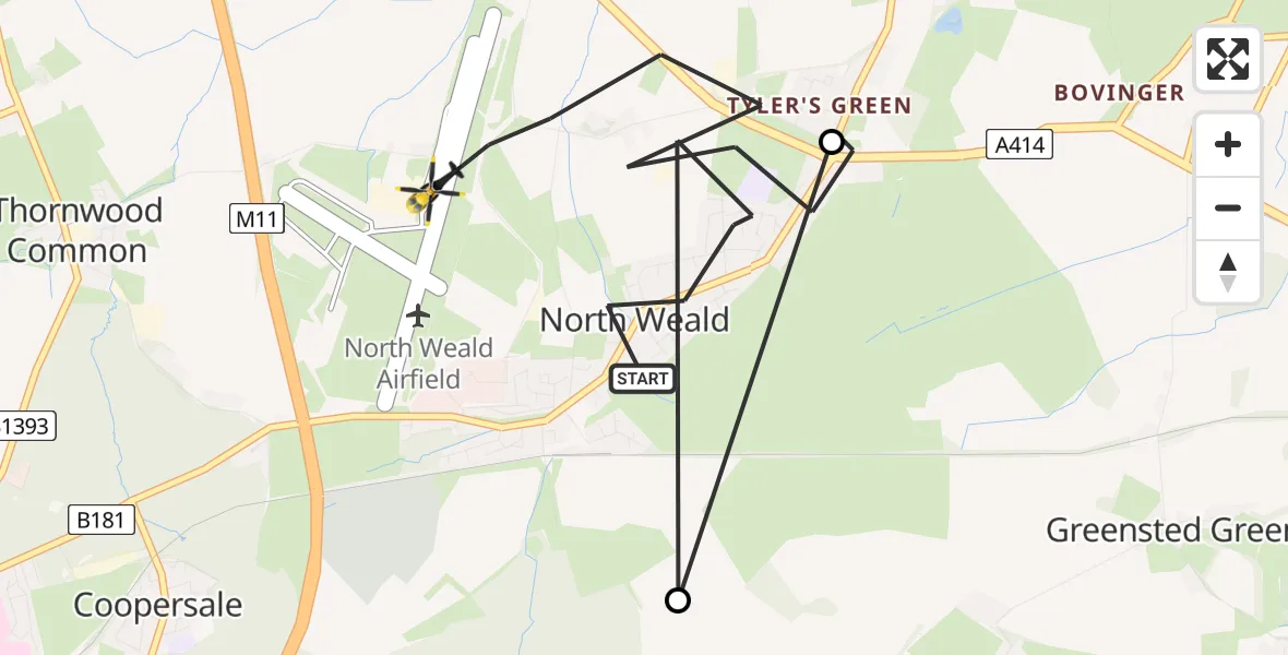 Flight route map: Police Helicopter to North Weald Airfield, North Weald Airfield