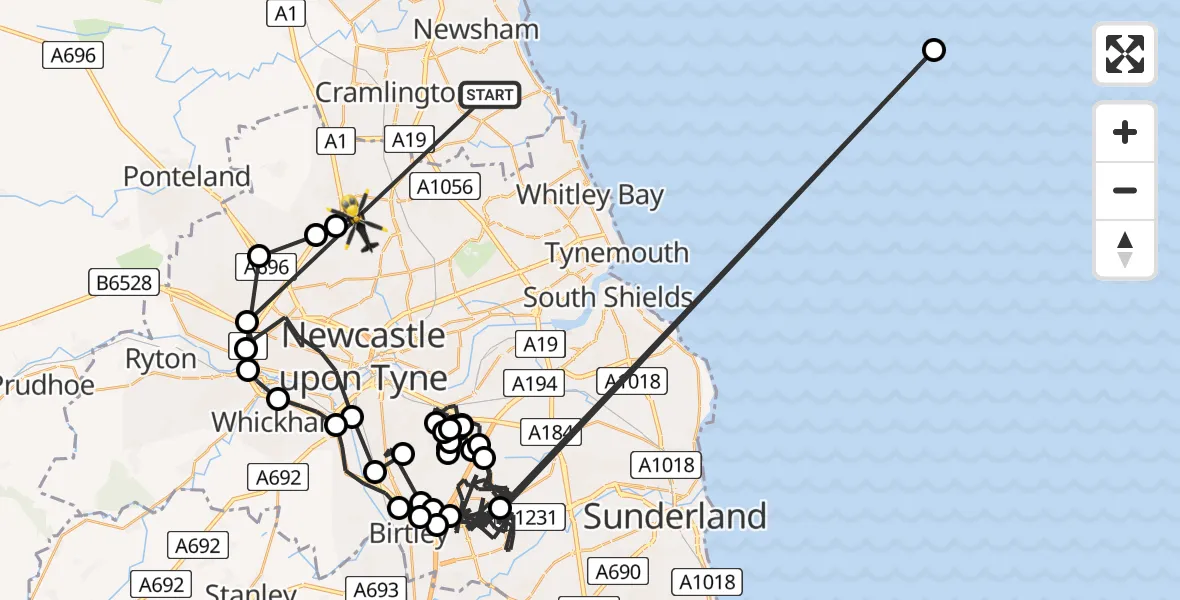 Flight route map: Police Helicopter to Hazlerigg Village, Glamis Avenue