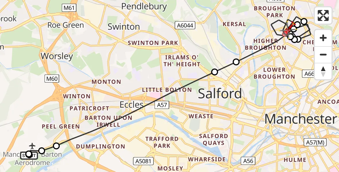 Flight route map: Air Ambulance Helicopter to Salford, Mandley Park Avenue
