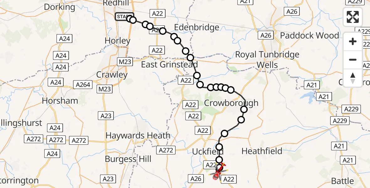Flight route map: Air Ambulance Helicopter to Halland, Eastbourne Road