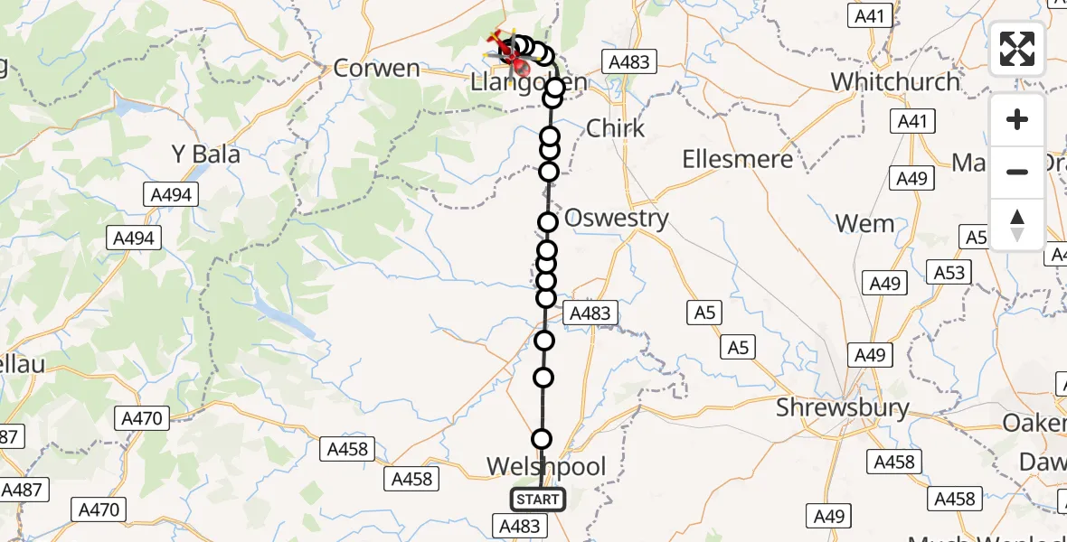 Flight route map: Air Ambulance Helicopter to Llangollen, Llangollen