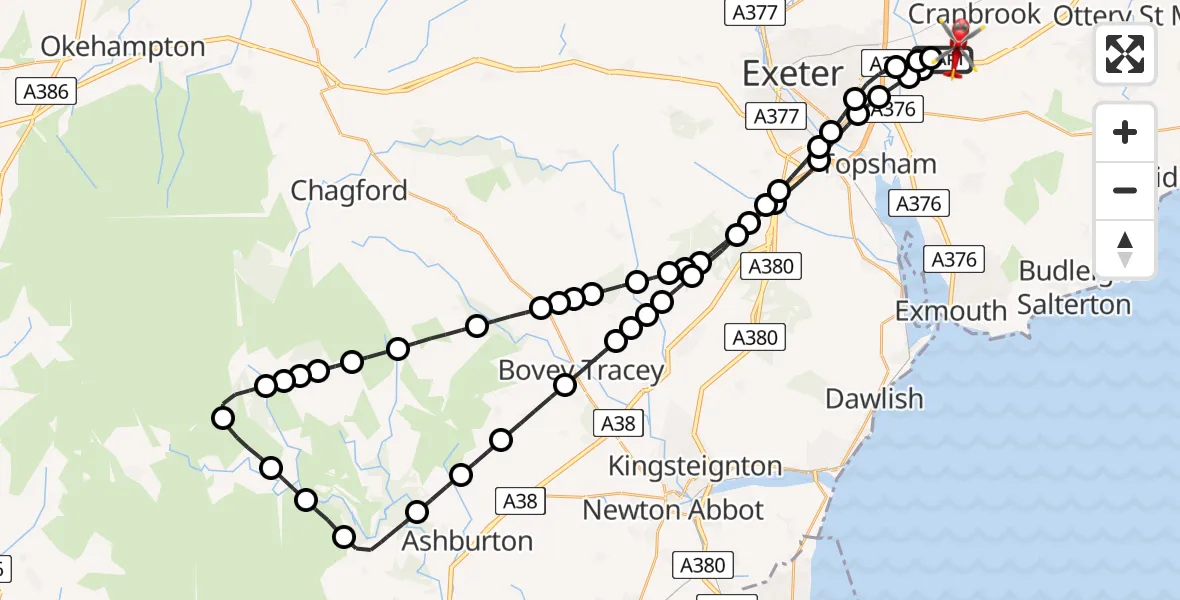 Flight path map showing Air Ambulance Helicopter route from Exeter International Airport to Exeter International Airport