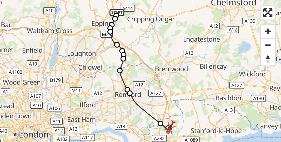Flight route map: Air Ambulance Helicopter to South Ockendon, Birch Crescent