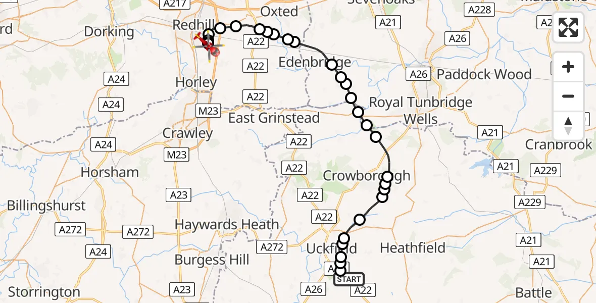 Routekaart van de vlucht: Air Ambulance Helicopter to Redhill Aerodrome, Redhill Aerodrome