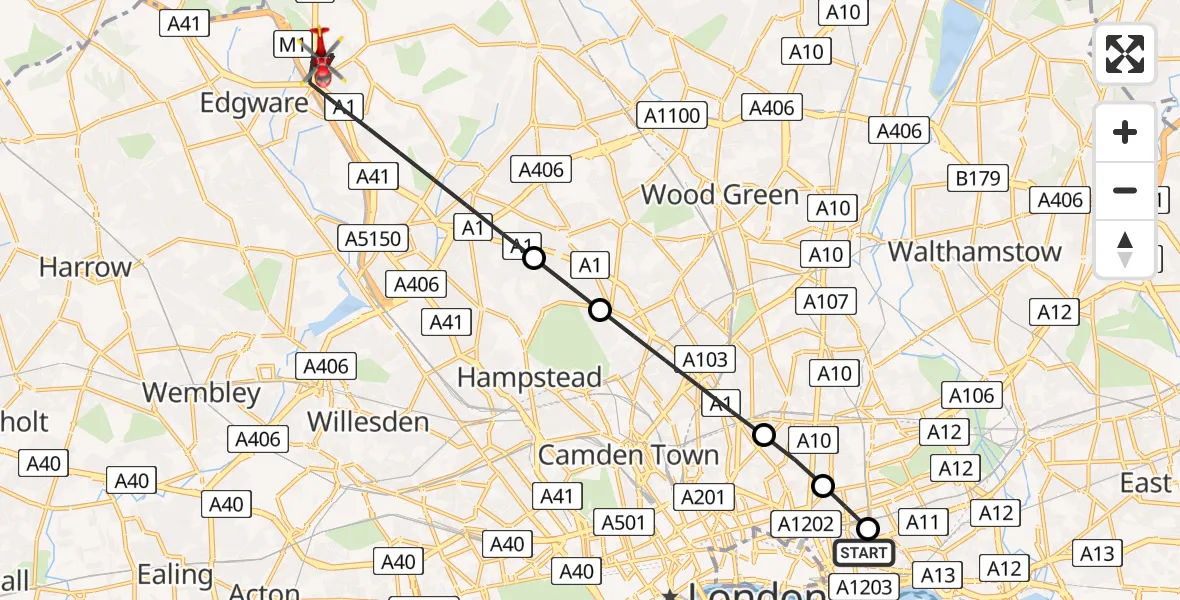 Flight route map: Air Ambulance Helicopter to London Borough of Barnet, Courtland Avenue
