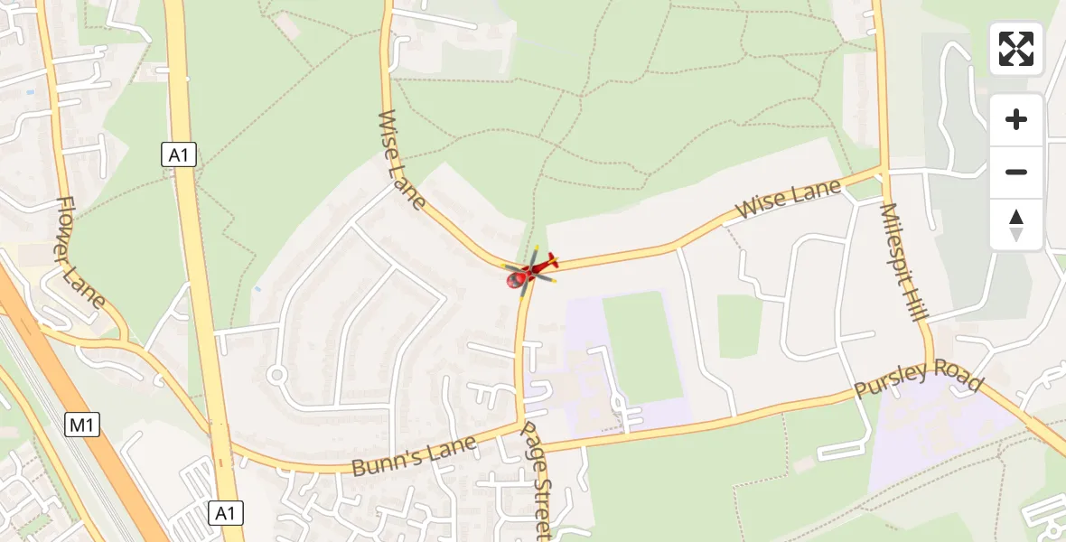 Flight route map: Air Ambulance Helicopter to London Borough of Barnet, Wise Lane