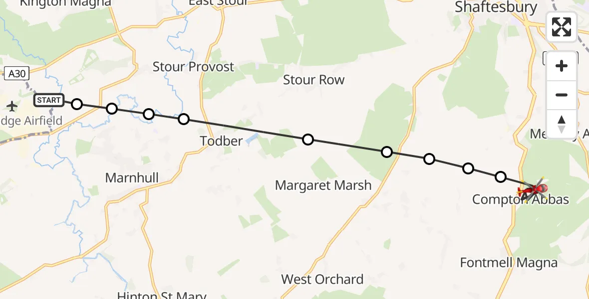 Flight route map: Air Ambulance Helicopter to Compton Abbas, Compton Abbas