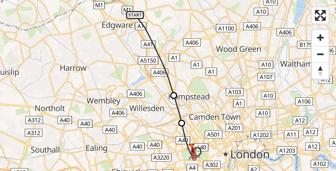 Flight route map: Air Ambulance Helicopter to City of Westminster, West Carriage Drive