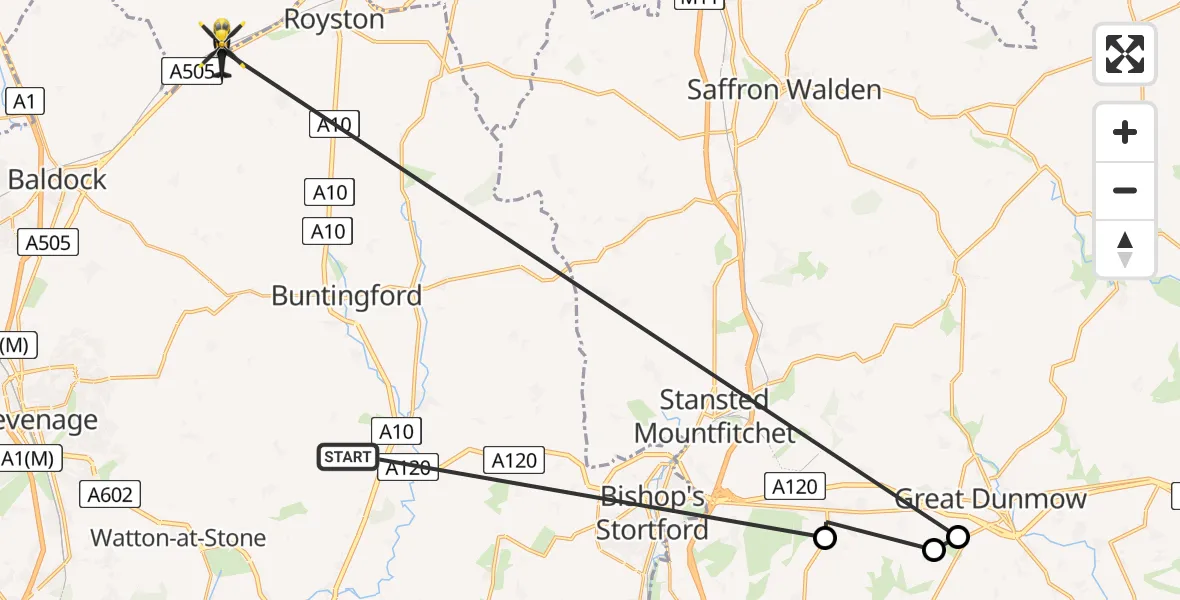 Routekaart van de vlucht: Police Helicopter to North Hertfordshire, Baldock Road