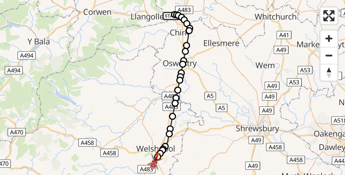 Routekaart van de vlucht: Air Ambulance Helicopter to Welshpool Airport, Welshpool Airport