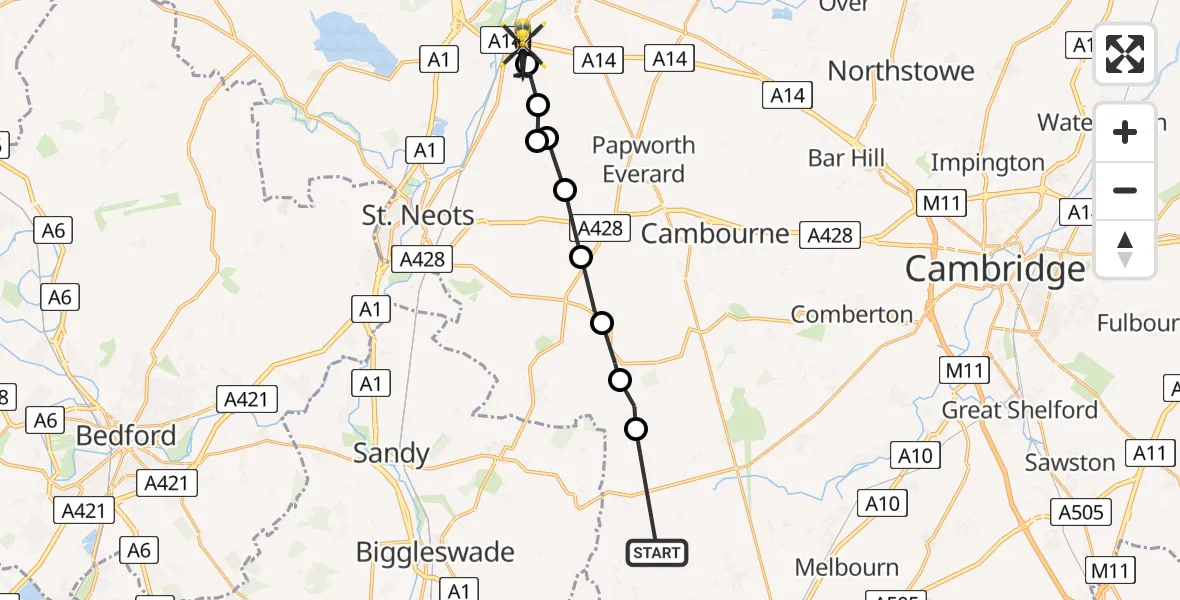 Routekaart van de vlucht: Police Helicopter to Offord Cluny, A14