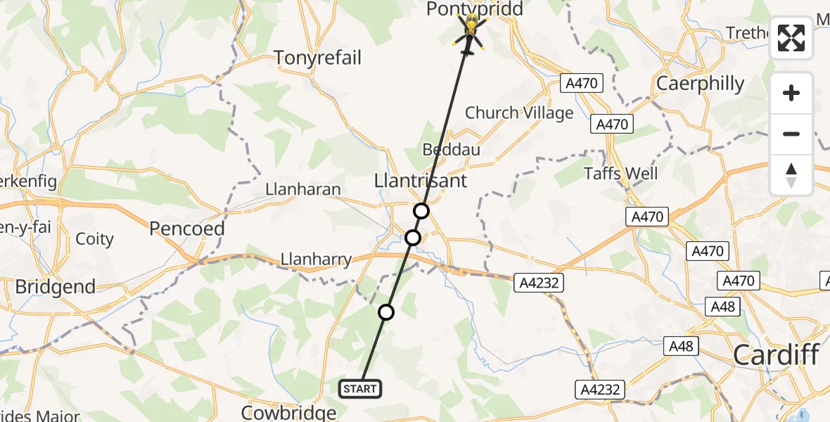Flight path map showing Police Helicopter route from Aberthin to Y Graig