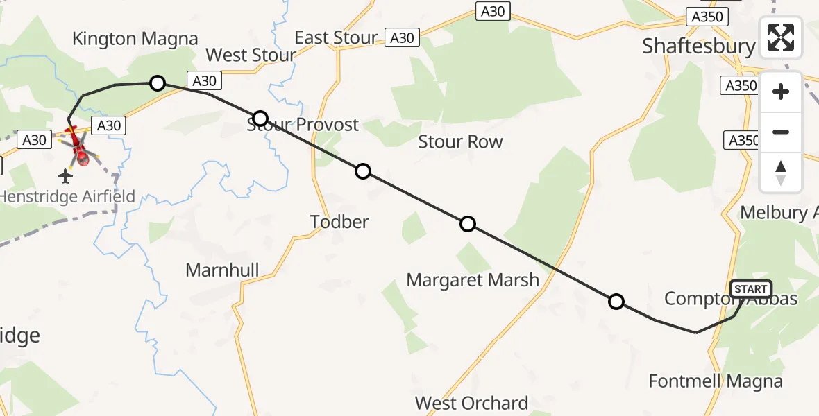Routekaart van de vlucht: Air Ambulance Helicopter to Henstridge, Henstridge Airfield