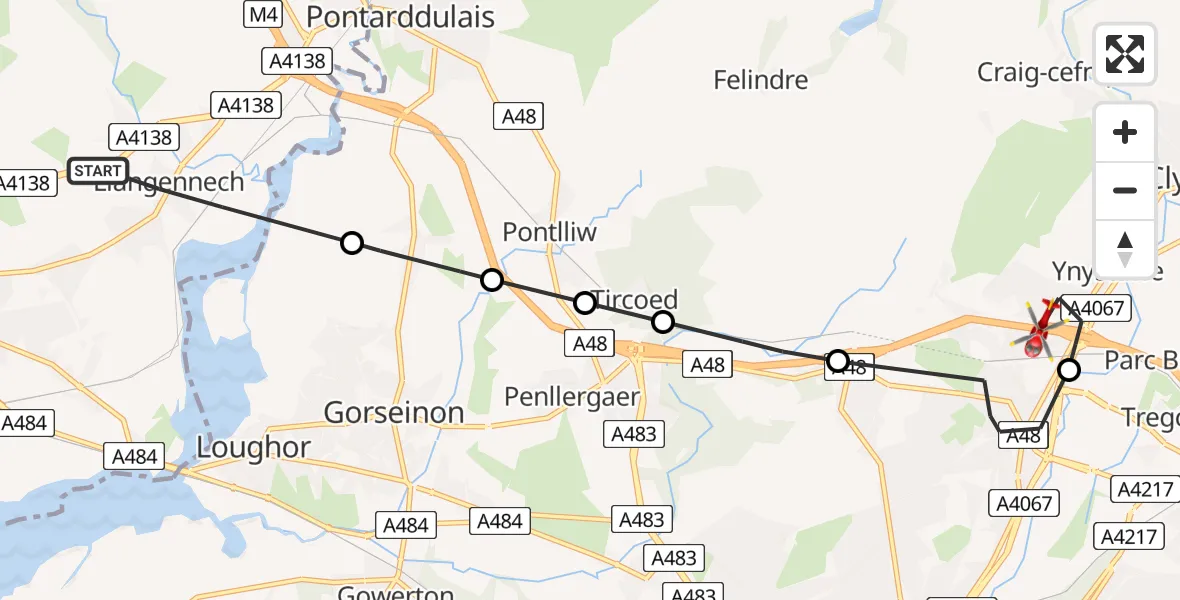 Routekaart van de vlucht: Air Ambulance Helicopter to Ynystawe, M4