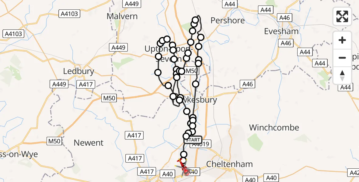 Routekaart van de vlucht: Air Ambulance Helicopter to Gloucester, Cheltenham Road