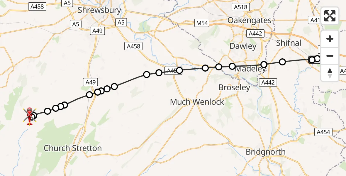 Flight route map: Air Ambulance Helicopter to Pulverbatch, Shrewsbury Road