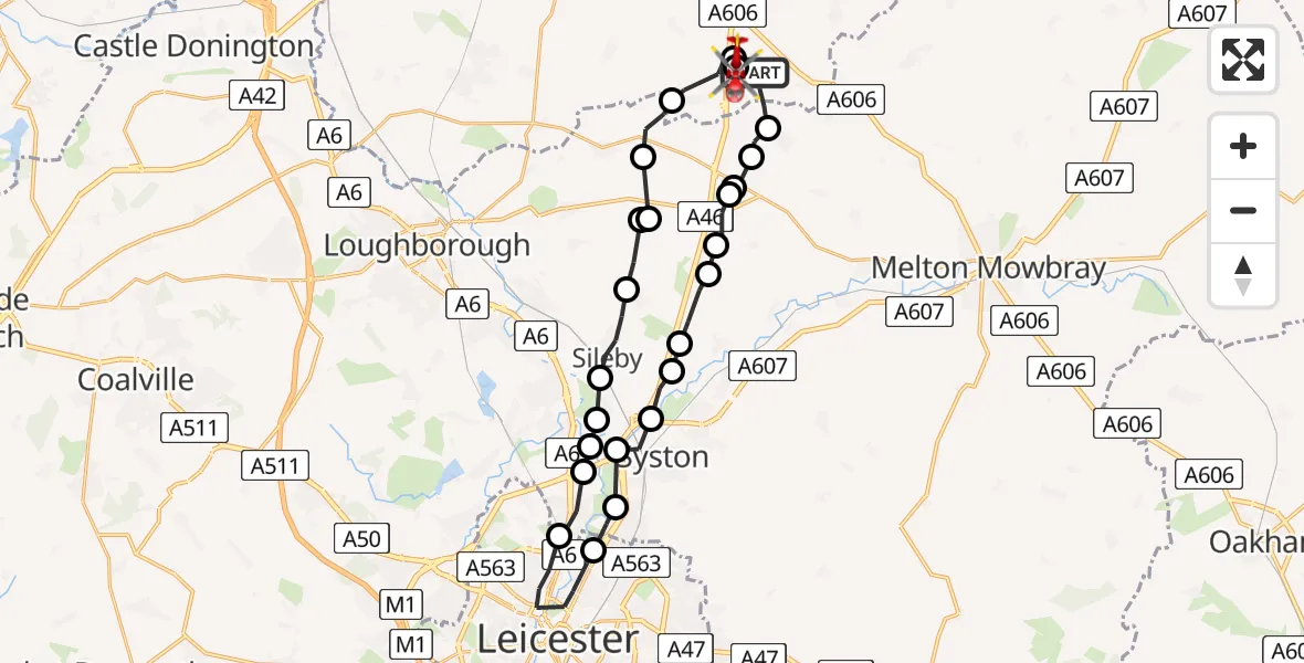 Flight route map: Air Ambulance Helicopter to Rushcliffe, A46