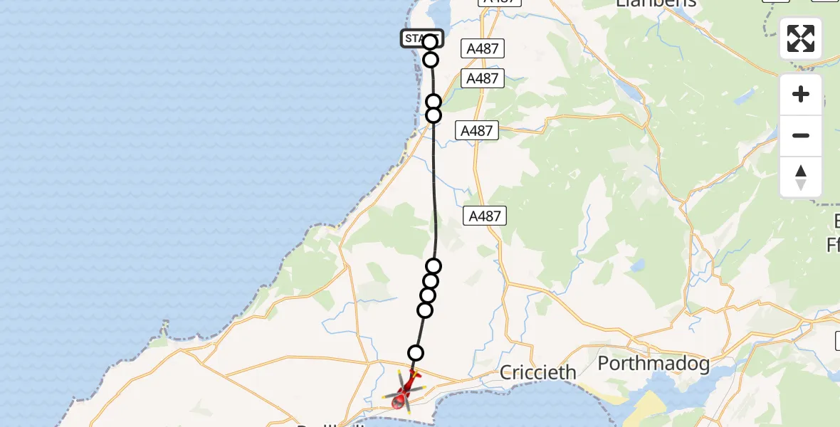 Routekaart van de vlucht: Air Ambulance Helicopter to Llanarmon, Llanarmon