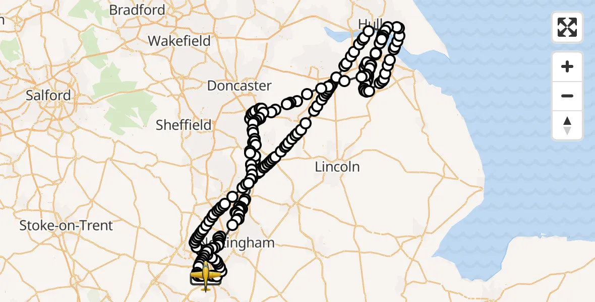 Flight route map: Police Aircraft to East Midlands Airport, East Midlands Airport