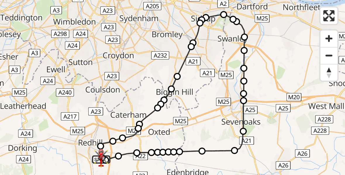 Flight path map showing Air Ambulance Helicopter route from Redhill Aerodrome to Redhill Aerodrome
