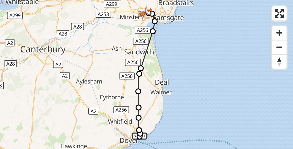 Flight route map: Coastguard Helicopter to Manston Airport, Manston Airport