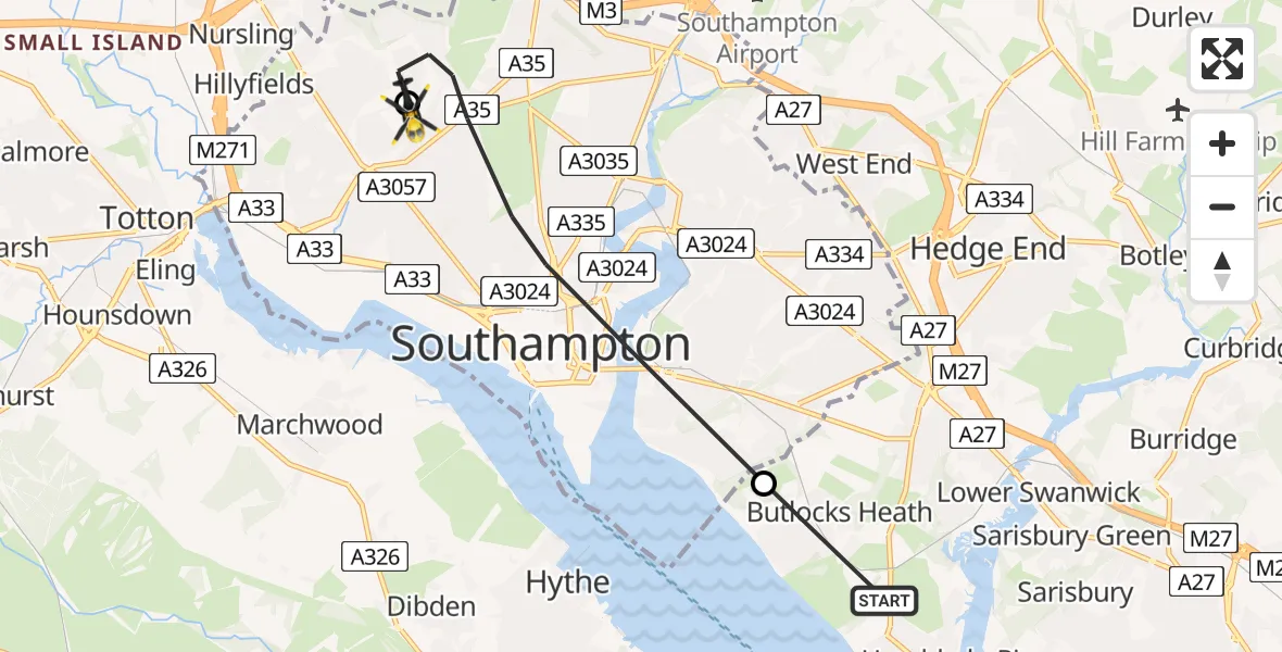 Flight route map: Police Helicopter to University Hospital Southampton, Springford Close