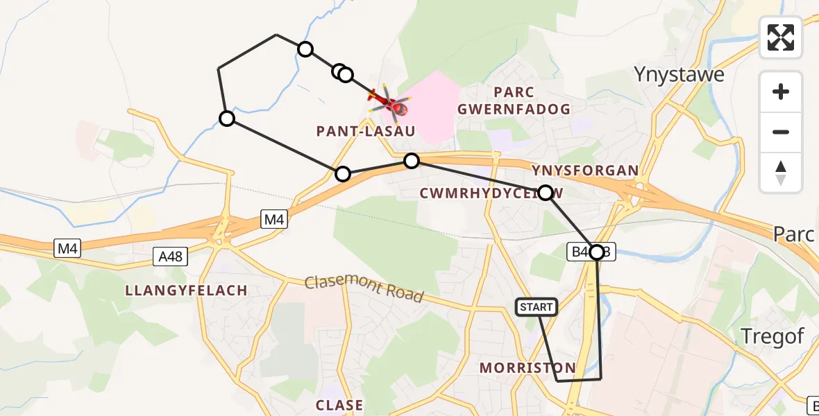Routekaart van de vlucht: Air Ambulance Helicopter to Morriston Hospital Helipad, Morriston Hospital Helipad