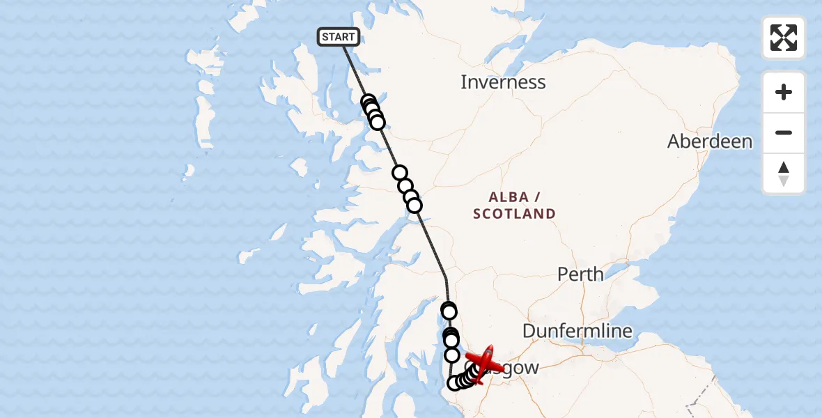 Flight path map showing Air Ambulance Aircraft route from Inner Seas to Glasgow Airport