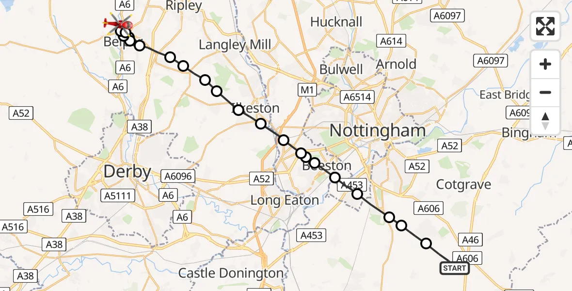 Routekaart van de vlucht: Air Ambulance Helicopter to Belper Lane End, Belper Lane