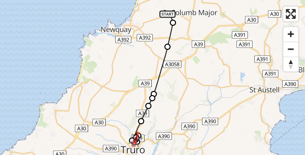 Flight route map: Air Ambulance Helicopter to Truro, Truro