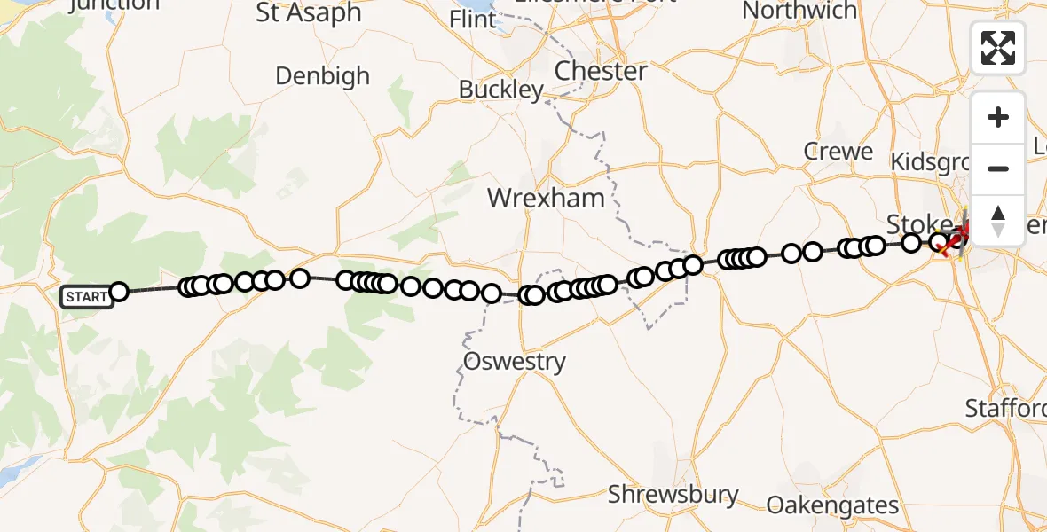 Routekaart van de vlucht: Air Ambulance Helicopter to University Hospital North Staffs, University Hospital North Staffs